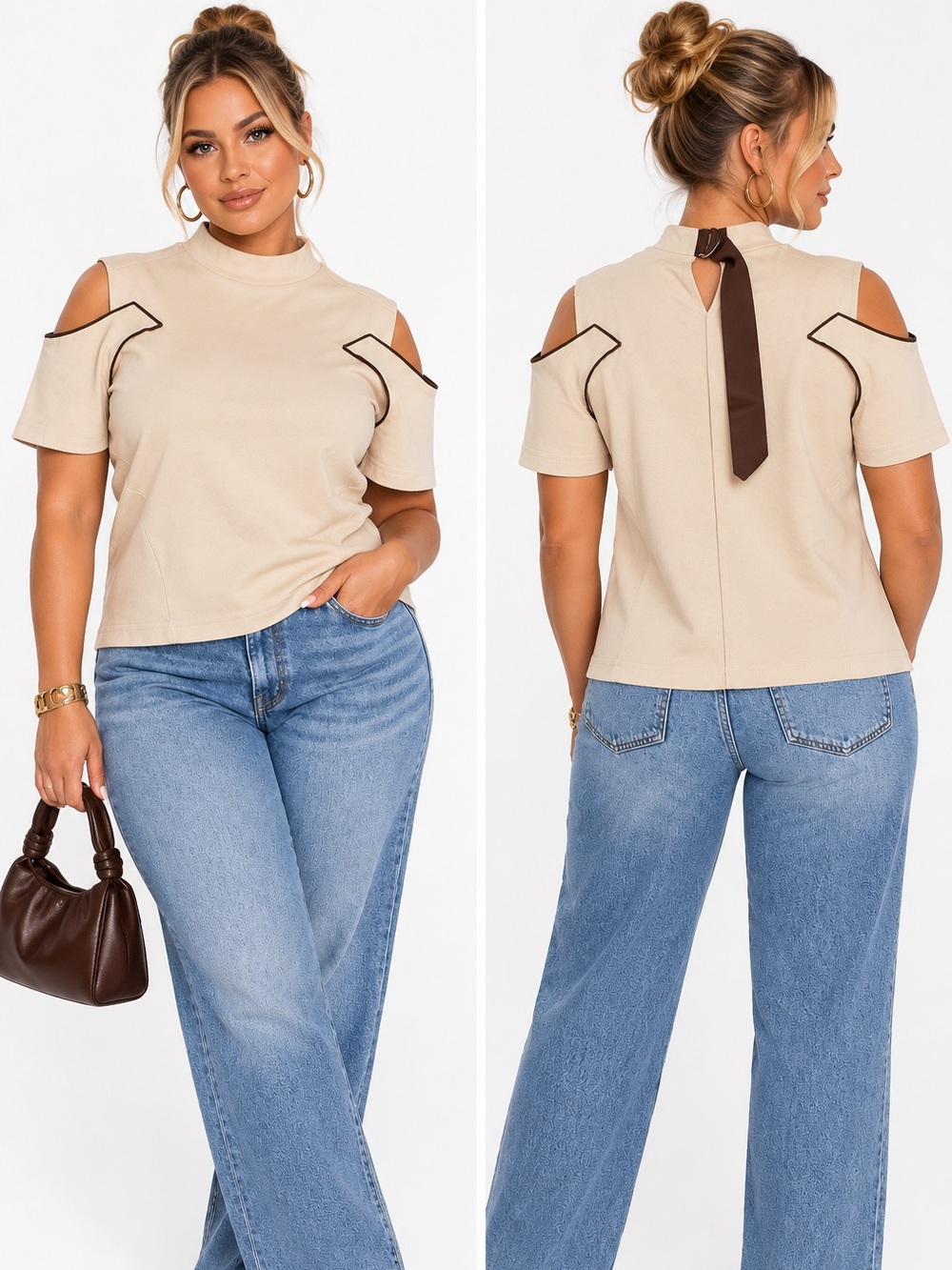 YUYU Cream Cutout Shoulder Top — Size Small 🤎